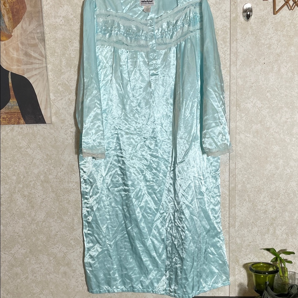 Anthony Richards Long Aqua Blue Satin Nightgown with Long Sleeves